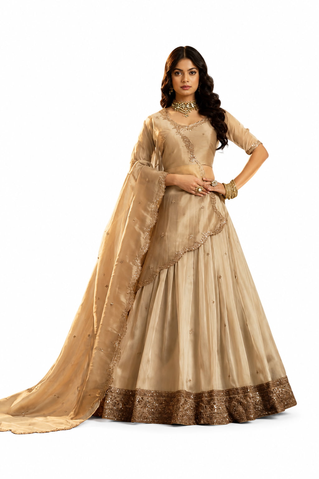 Brown Semi-stitched Zari, Dori, Sequins Organza Lehengas - View 1