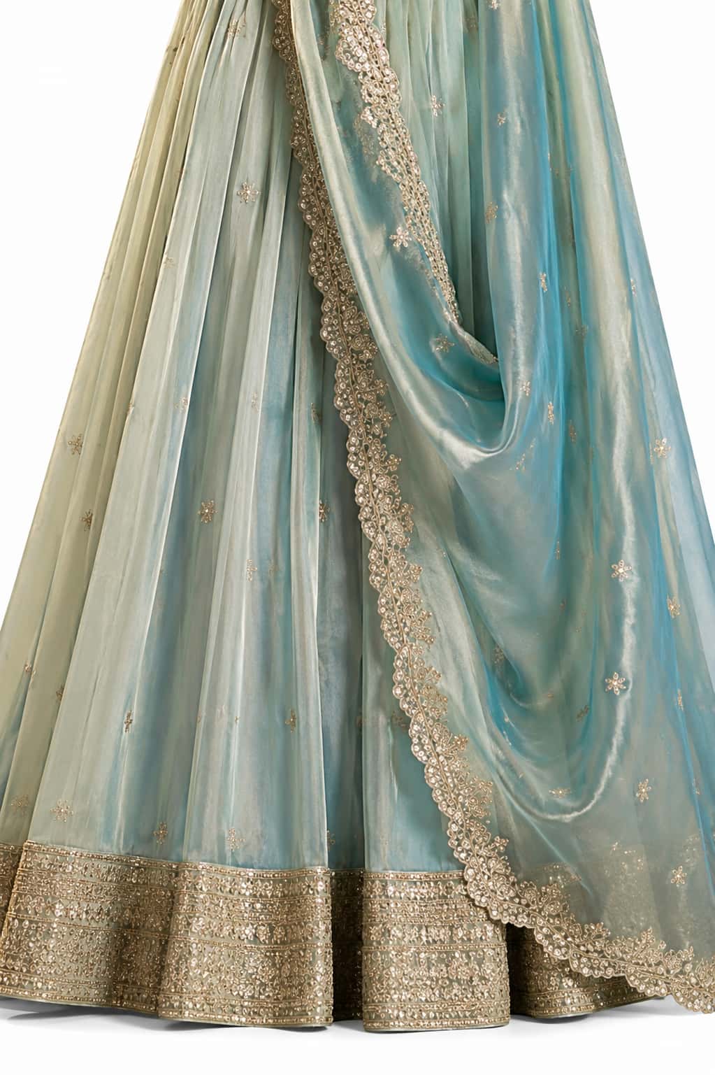 Turquoise Semi-stitched Zari, Dori, Sequins Organza Lehengas - View 3
