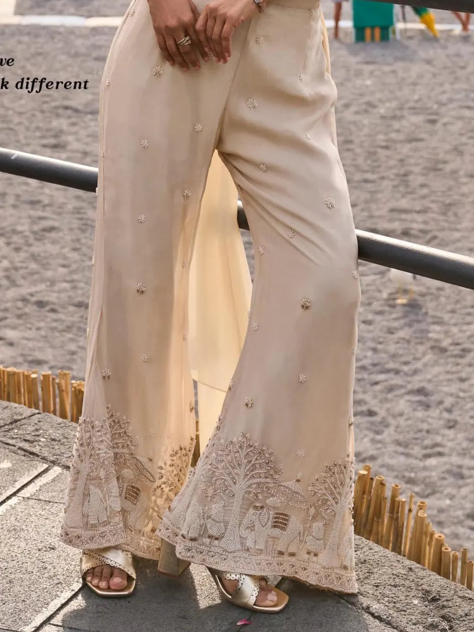 Cream Beige Hand Bead Embroidered Real Chinon Indo Western Palazzo Suit Set - View 3