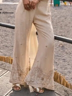 Cream Beige Hand Bead Embroidered Real Chinon Indo Western Palazzo Suit Set - View 3