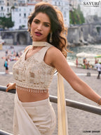 Cream Beige Hand Bead Embroidered Real Chinon Indo Western Palazzo Suit Set - View 4