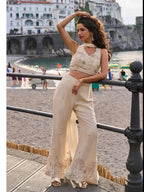 Cream Beige Hand Bead Embroidered Real Chinon Indo Western Palazzo Suit Set - View 5
