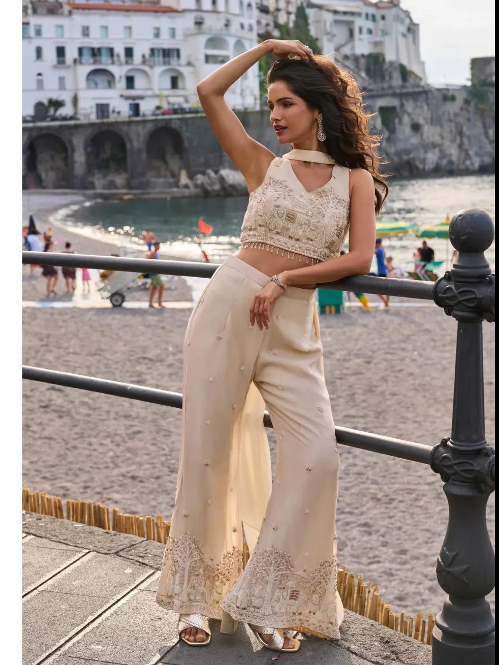 Cream Beige Hand Bead Embroidered Real Chinon Indo Western Palazzo Suit Set - View 5