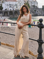 Cream Beige Hand Bead Embroidered Real Chinon Indo Western Palazzo Suit Set - View 1