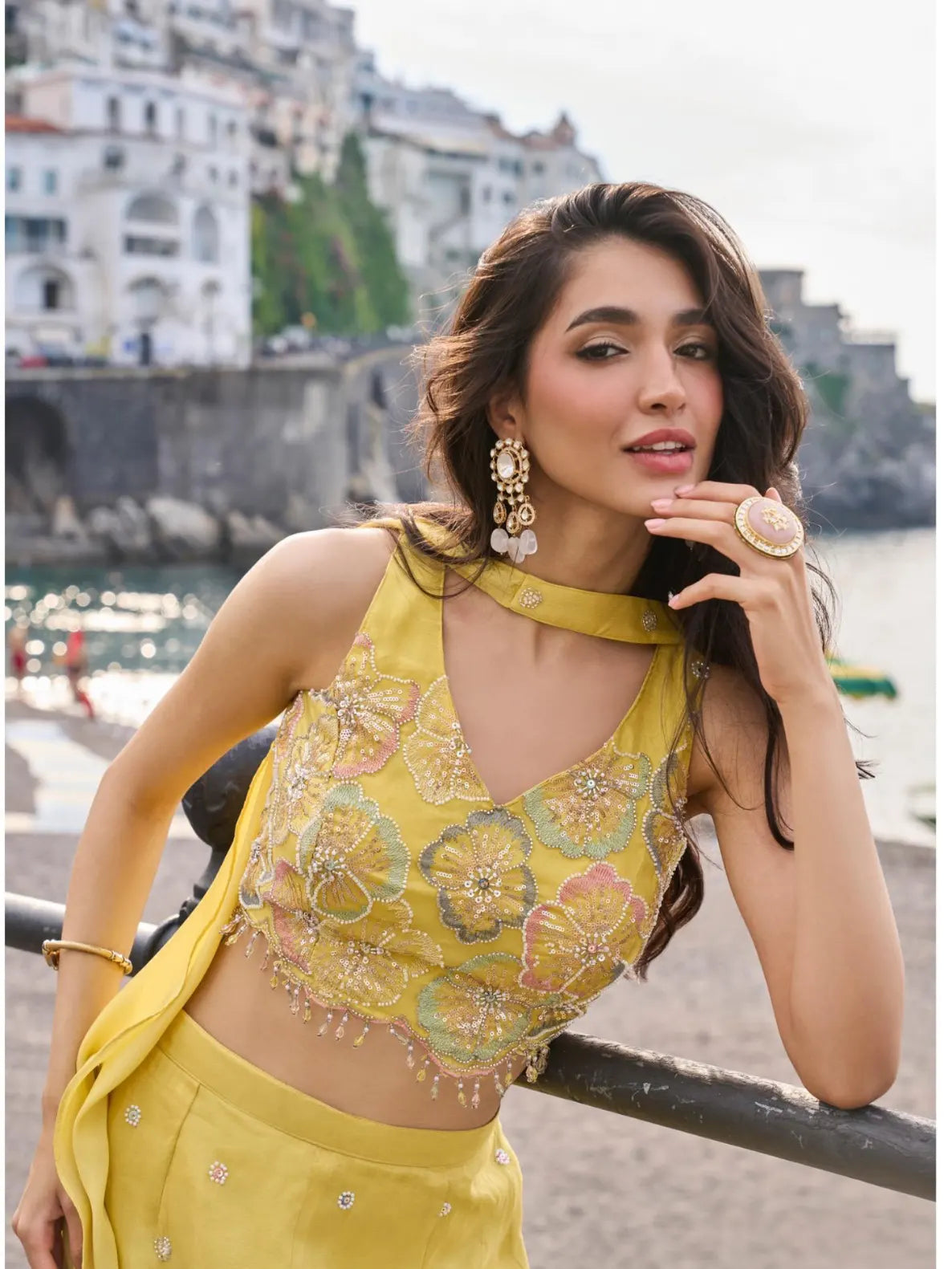 Lemon Yellow Hand Bead Embroidered Real Chinon Indo Western Palazzo Suit Set - View 2