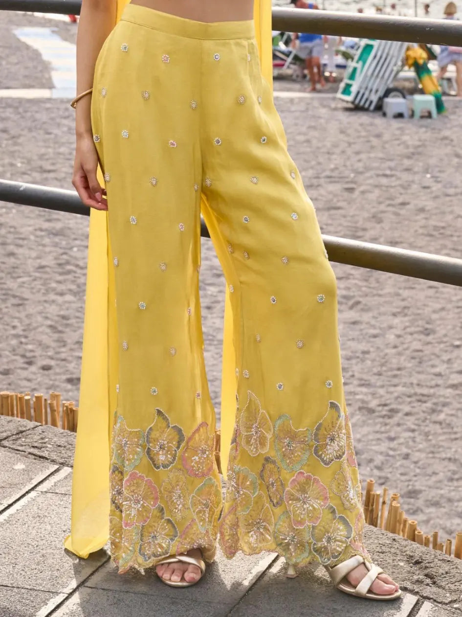 Lemon Yellow Hand Bead Embroidered Real Chinon Indo Western Palazzo Suit Set - View 3