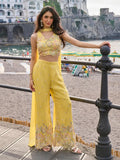 Lemon Yellow Hand Bead Embroidered Real Chinon Indo Western Palazzo Suit Set