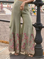 Sage Green Hand Bead Embroidered Real Chinon Indo Western Palazzo Suit Set - View 3