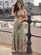 Sage Green Hand Bead Embroidered Real Chinon Indo Western Palazzo Suit Set - View 4