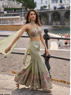 Sage Green Hand Bead Embroidered Real Chinon Indo Western Palazzo Suit Set - View 1