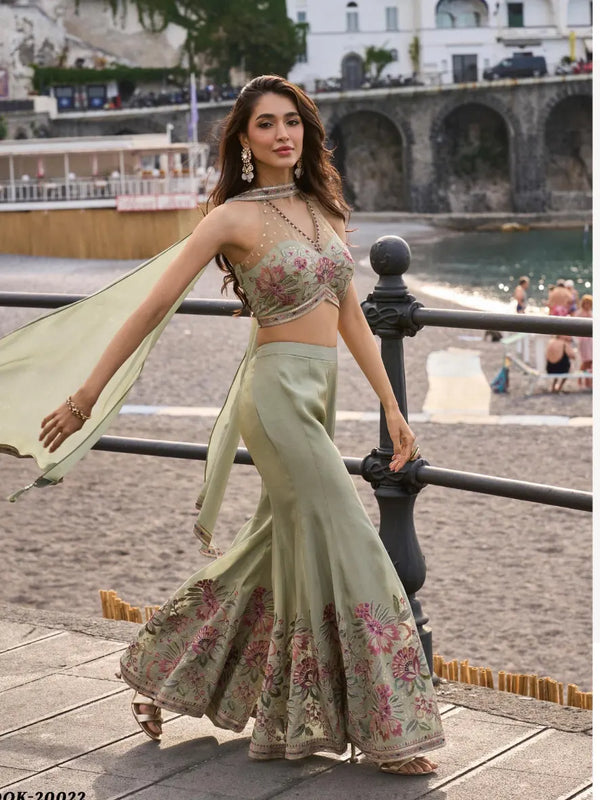 Sage Green Hand Bead Embroidered Real Chinon Indo Western Palazzo Suit Set - View 1