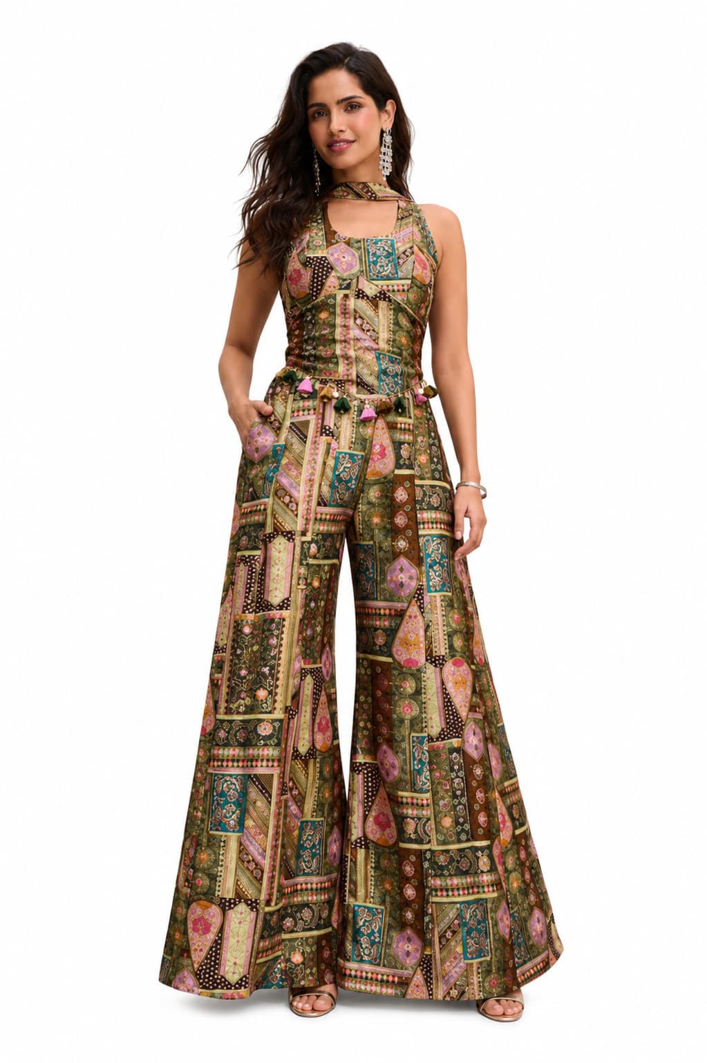 Naksh Creation Multicolor Olive Green Banarasi Jacquard Indo Western Suit