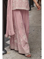 Dusty Rose Hand Bead Embroidered Mul Silk Indo Western Sharara Suit Set - View 3