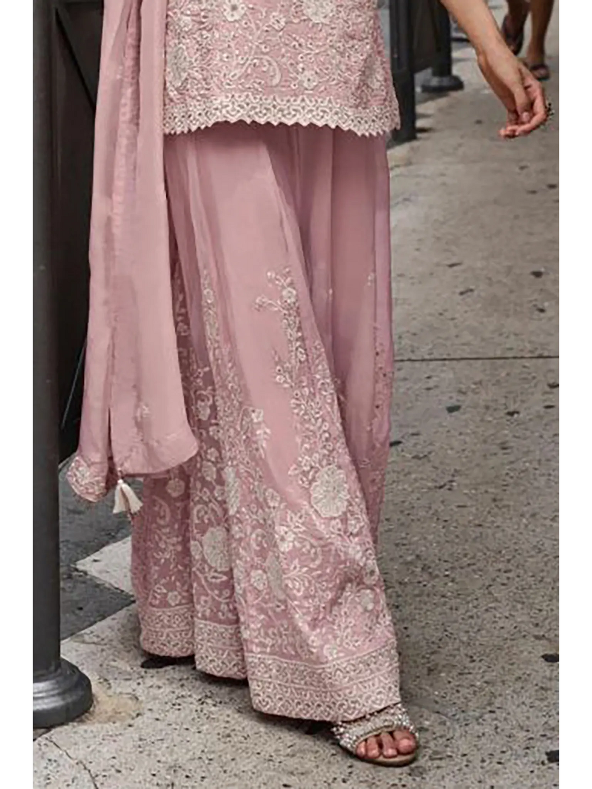 Dusty Rose Hand Bead Embroidered Mul Silk Indo Western Sharara Suit Set - View 3