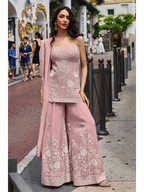 Dusty Rose Hand Bead Embroidered Mul Silk Indo Western Sharara Suit Set - View 4