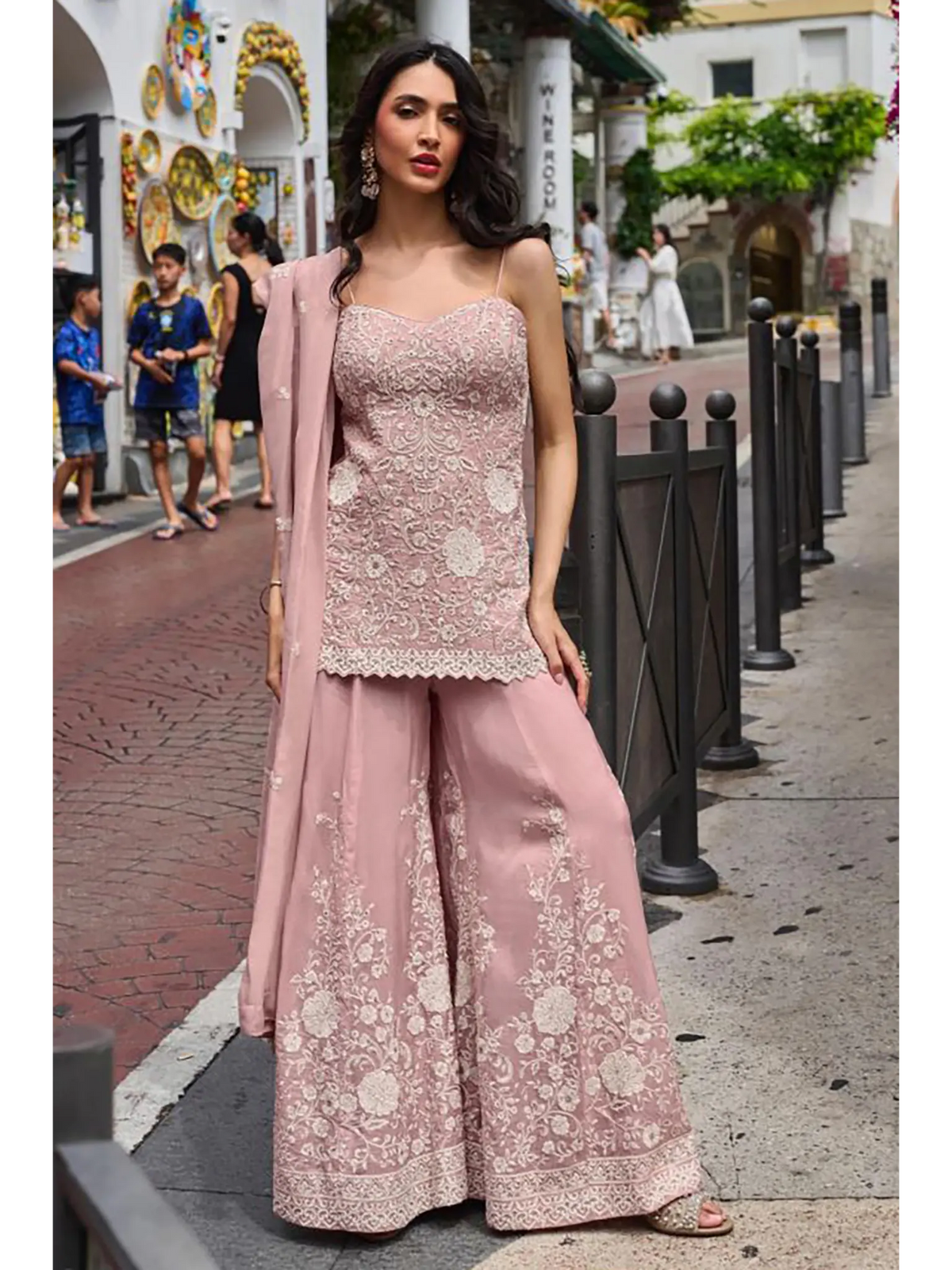 Dusty Rose Hand Bead Embroidered Mul Silk Indo Western Sharara Suit Set - View 4