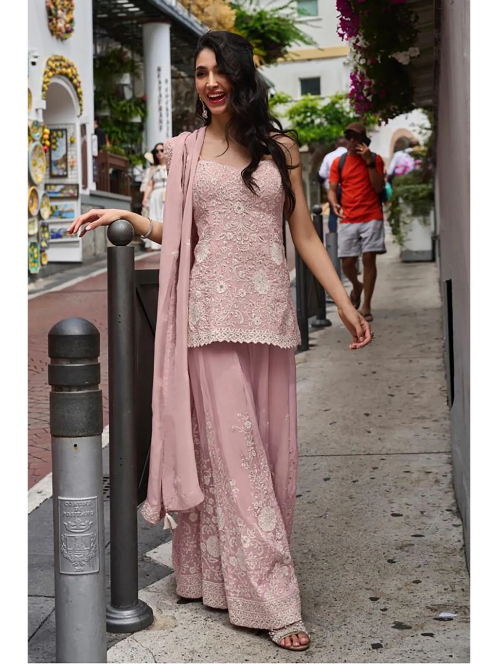 Dusty Rose Hand Bead Embroidered Mul Silk Indo Western Sharara Suit Set - View 1