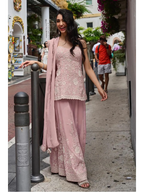 Dusty Rose Hand Bead Embroidered Mul Silk Indo Western Sharara Suit Set - View 1