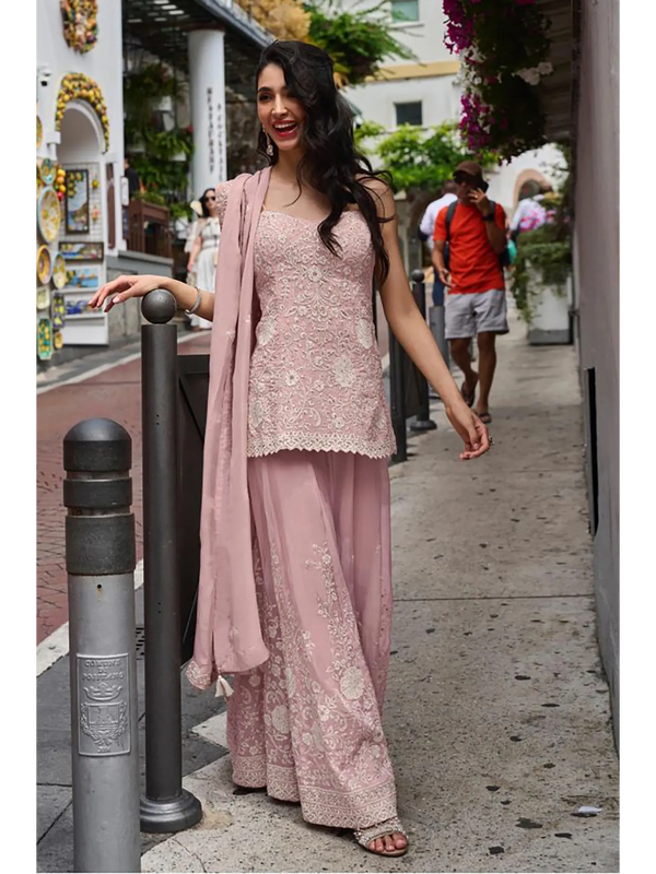 Dusty Rose Hand Bead Embroidered Mul Silk Indo Western Sharara Suit Set - View 1