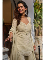 Dusty Sage Hand Bead Embroidered Mul Silk Indo Western Sharara Suit Set - View 2