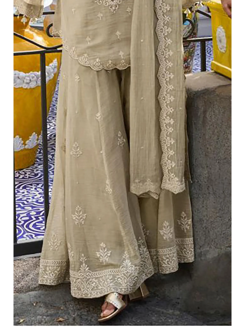 Dusty Sage Hand Bead Embroidered Mul Silk Indo Western Sharara Suit Set - View 3
