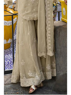 Dusty Sage Hand Bead Embroidered Mul Silk Indo Western Sharara Suit Set - View 3