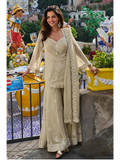 Dusty Sage Hand Bead Embroidered Mul Silk Indo Western Sharara Suit Set - View 1