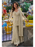 Dusty Sage Hand Bead Embroidered Mul Silk Indo Western Sharara Suit Set - View 1