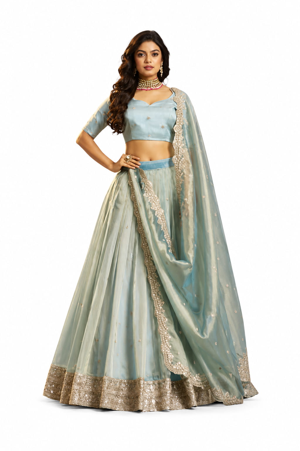 Turquoise Semi-stitched Zari, Dori, Sequins Organza Lehengas - View 1
