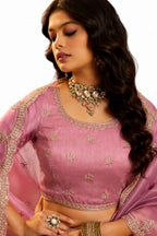 Pink Semi-stitched Zari, Dori, Sequins Organza Lehengas - View 2