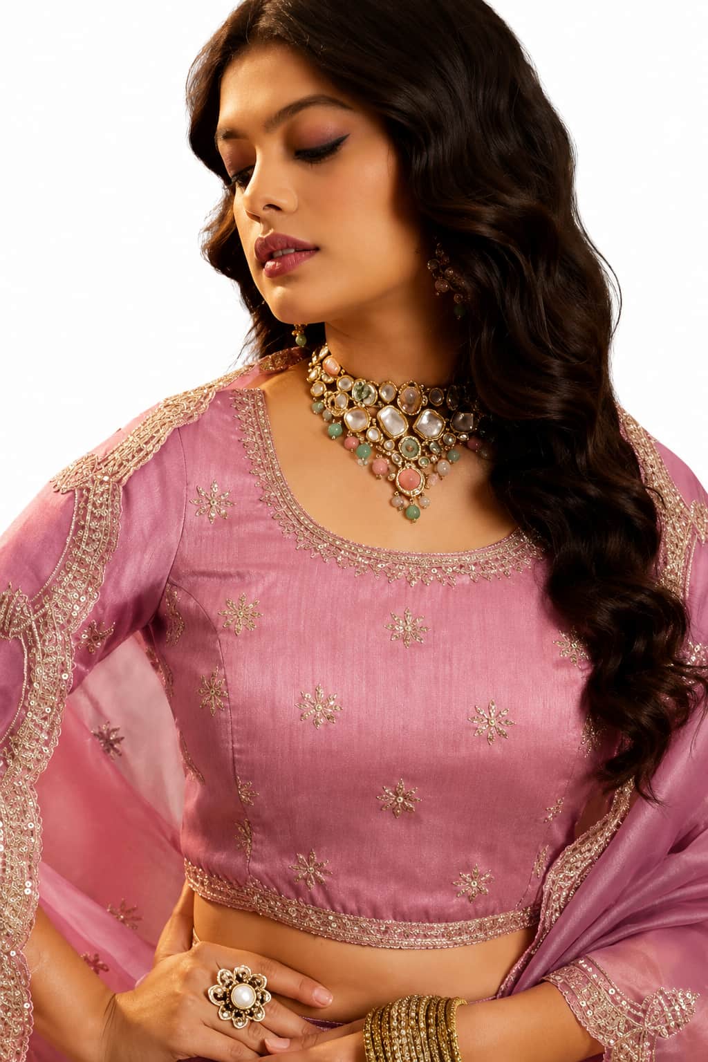 Pink Semi-stitched Zari, Dori, Sequins Organza Lehengas - View 2