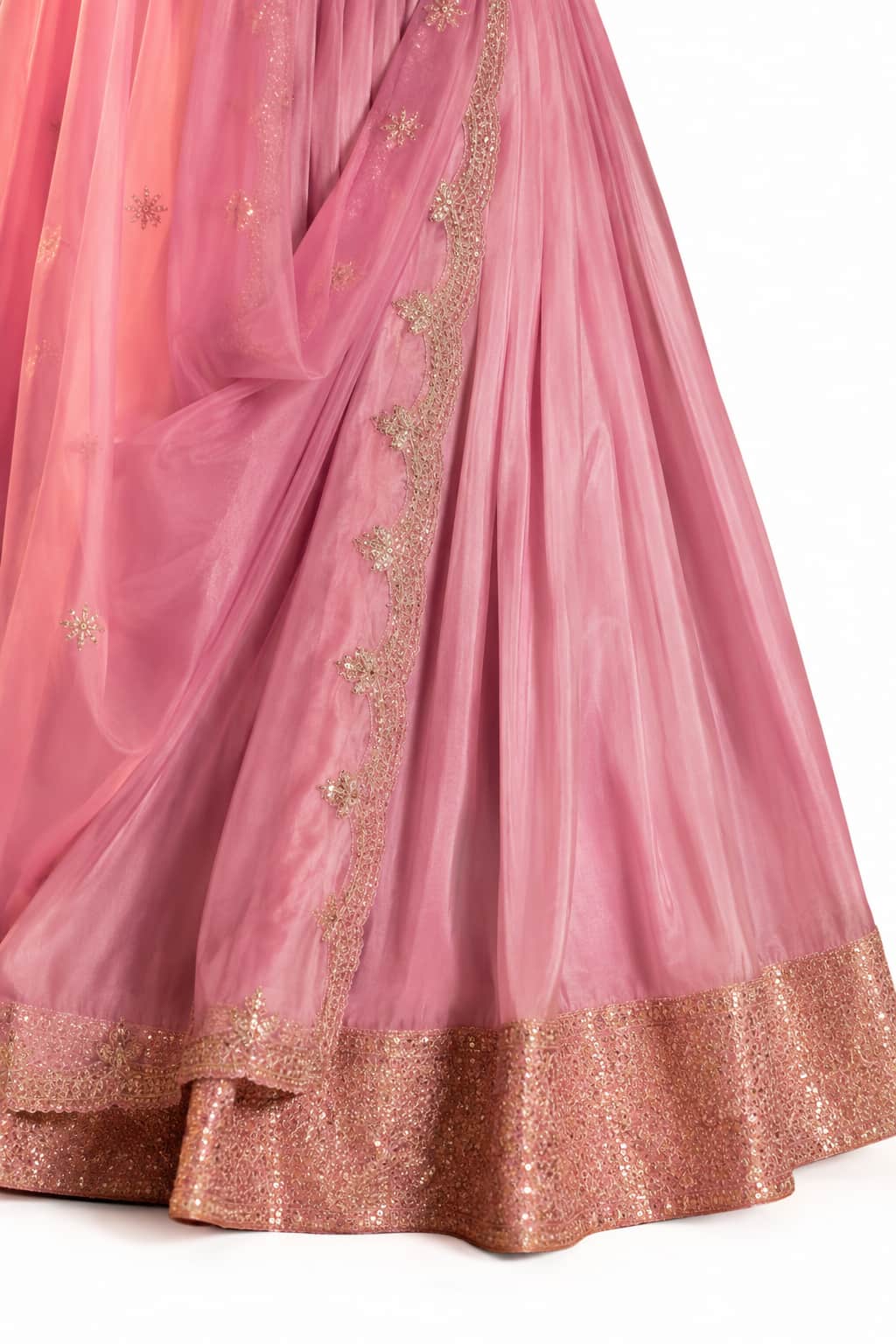 Pink Semi-stitched Zari, Dori, Sequins Organza Lehengas - View 3