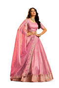 Pink Semi-stitched Zari, Dori, Sequins Organza Lehengas