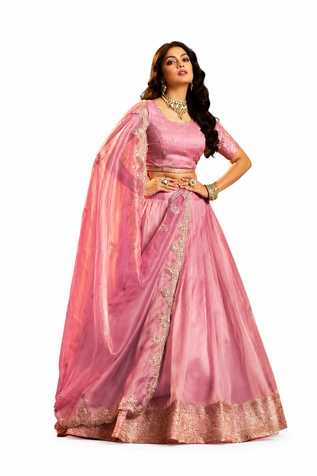 Pink Semi-stitched Zari, Dori, Sequins Organza Lehengas - View 1