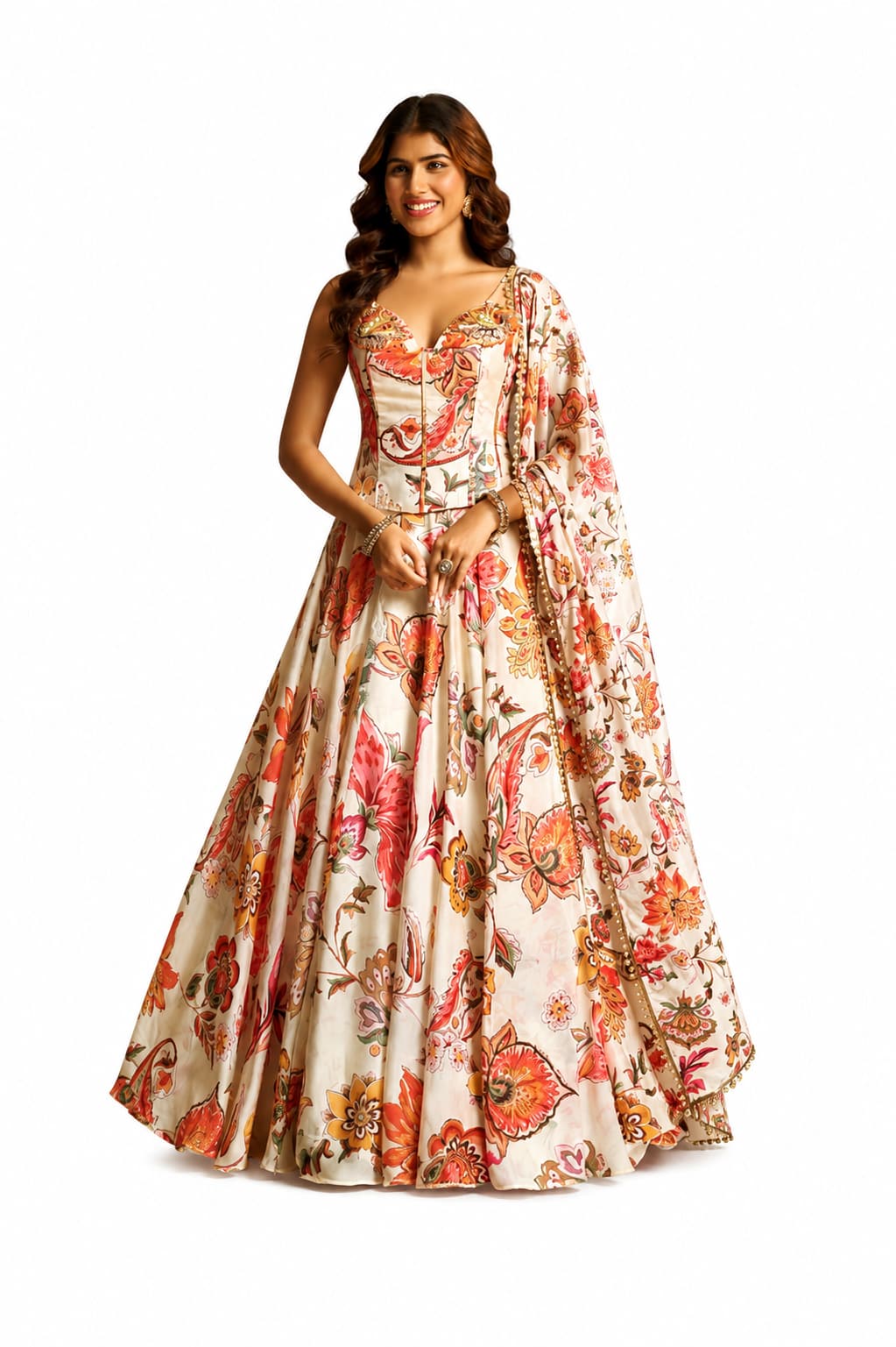 Off-White Georgette Lehenga with Printed Hand Work - Image 1