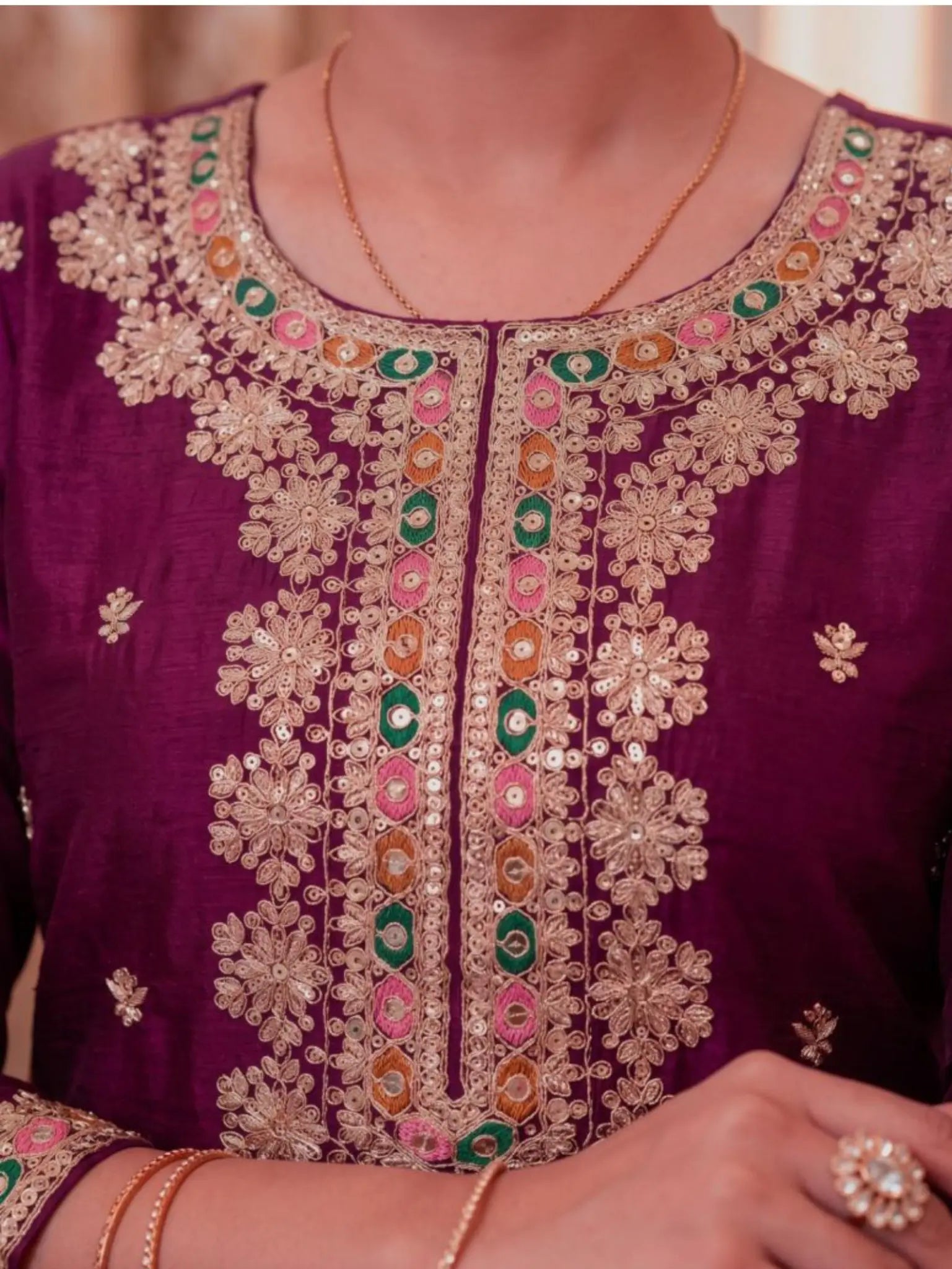 Magenta Purple Embroidered Chinon Neckline and Daman Embroidery Detail