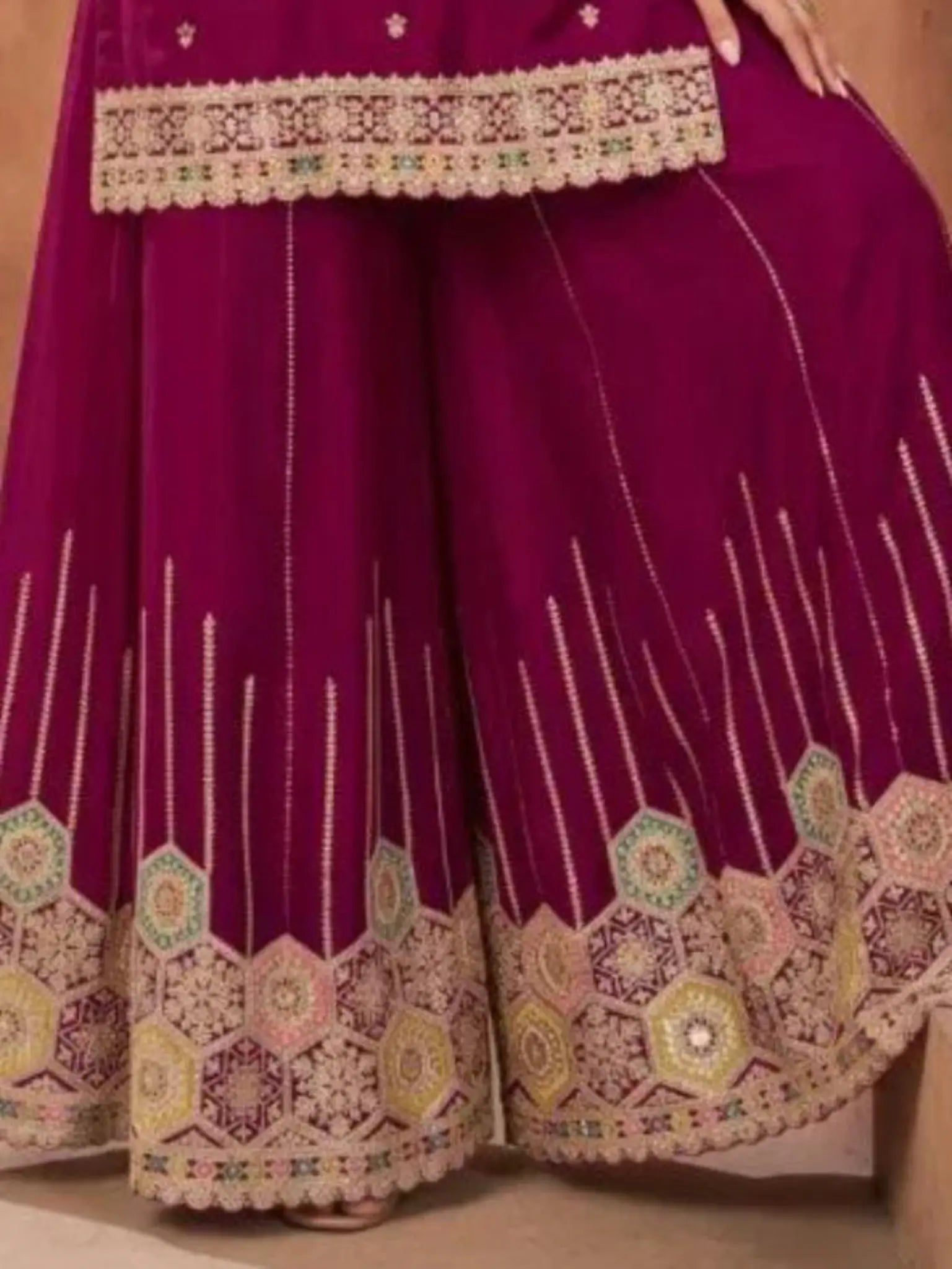 Magenta Purple Flared Chinon Palazzo Pants Hexagon Border Close Up