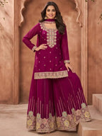 Magenta Purple Embroidered Chinon Palazzo Suit Set Full Front View