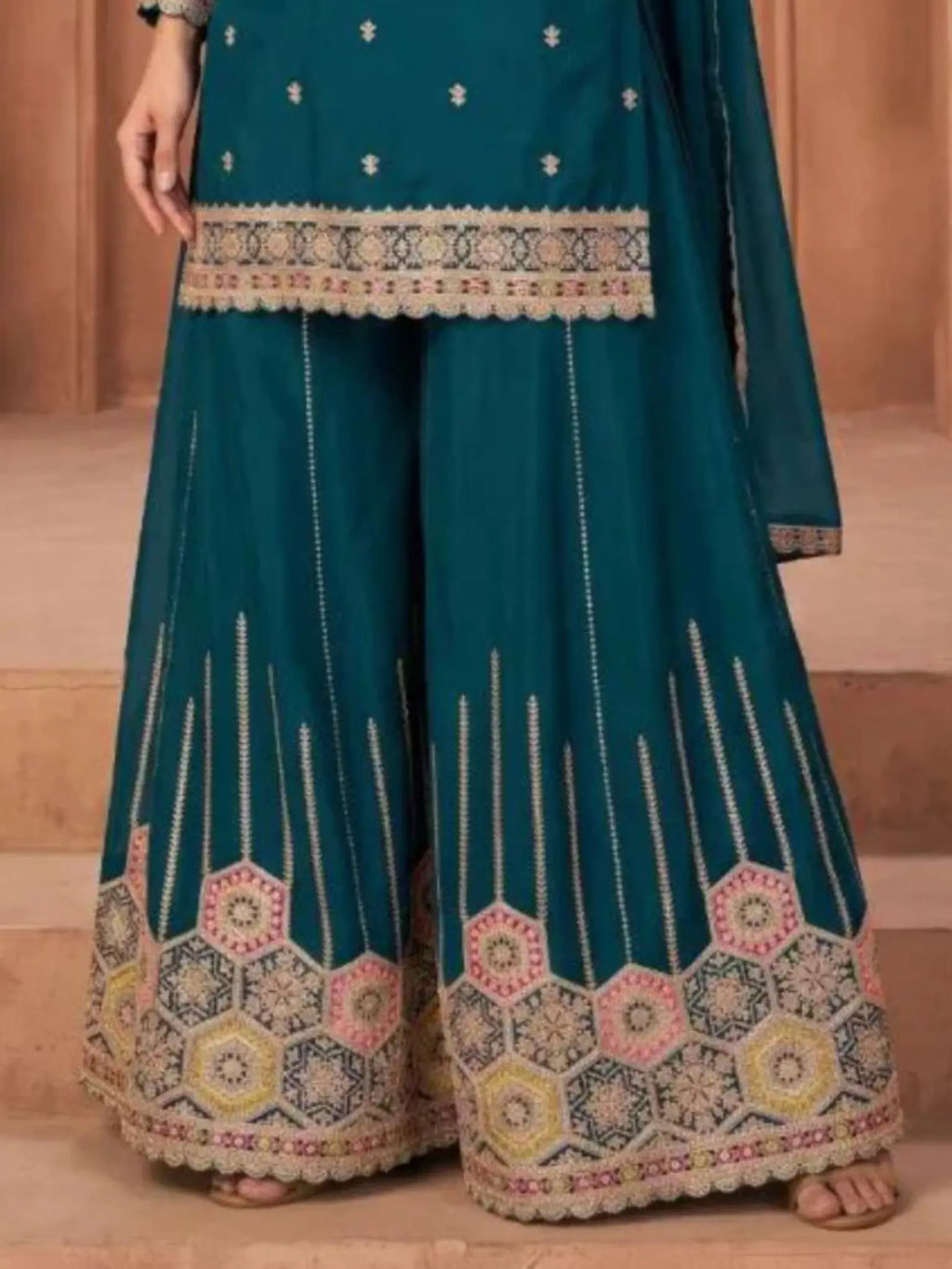 Peacock Teal Flared Chinon Palazzo Pants Hexagon Hem Detail