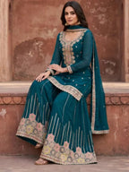 Peacock Teal Chinon Dupatta Drape and Scalloped Edging