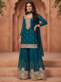 Peacock Teal Embroidered Chinon Palazzo Suit Set Full Front View