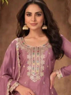 Dusty Mauve Embroidered Chinon Neckline and Daman Border Detail