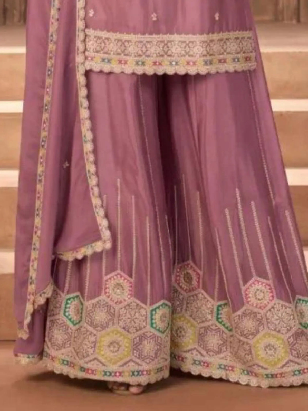 Dusty Mauve Flared Chinon Palazzo Pants Hexagonal Border Close Up