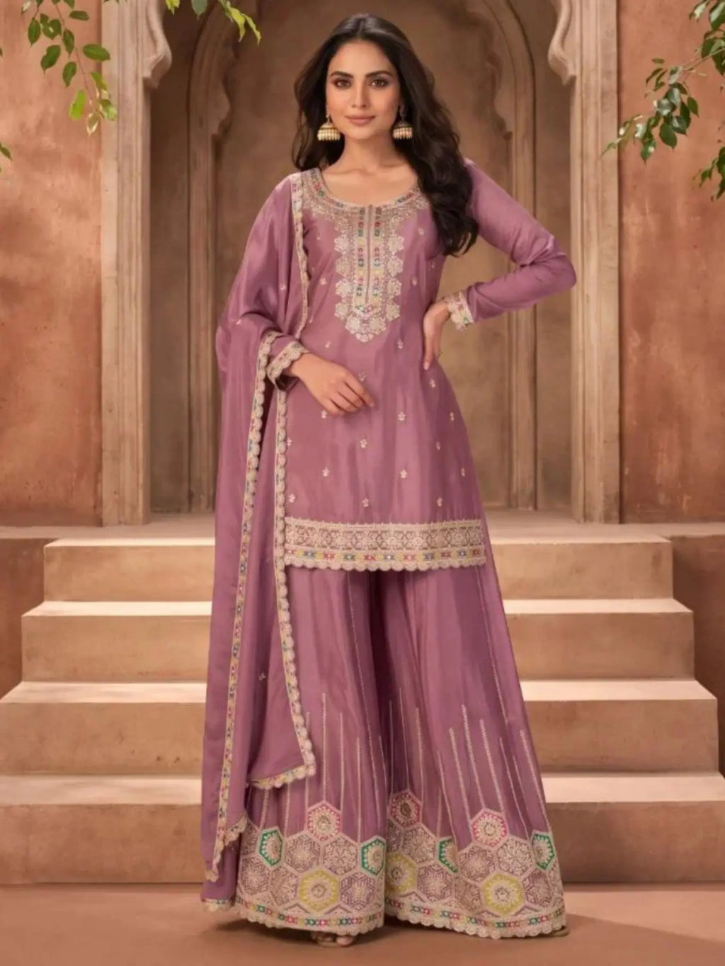 Dusty Mauve Embroidered Chinon Palazzo Suit Set Full Front View