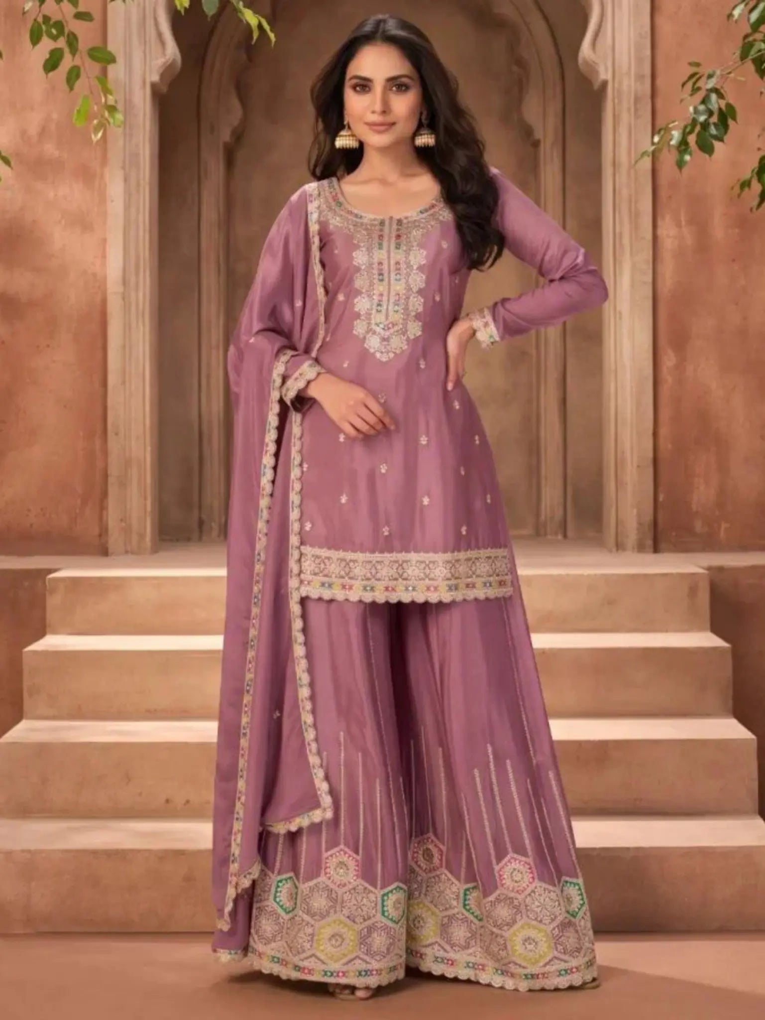 Dusty Mauve Embroidered Chinon Palazzo Suit Set Full Front View