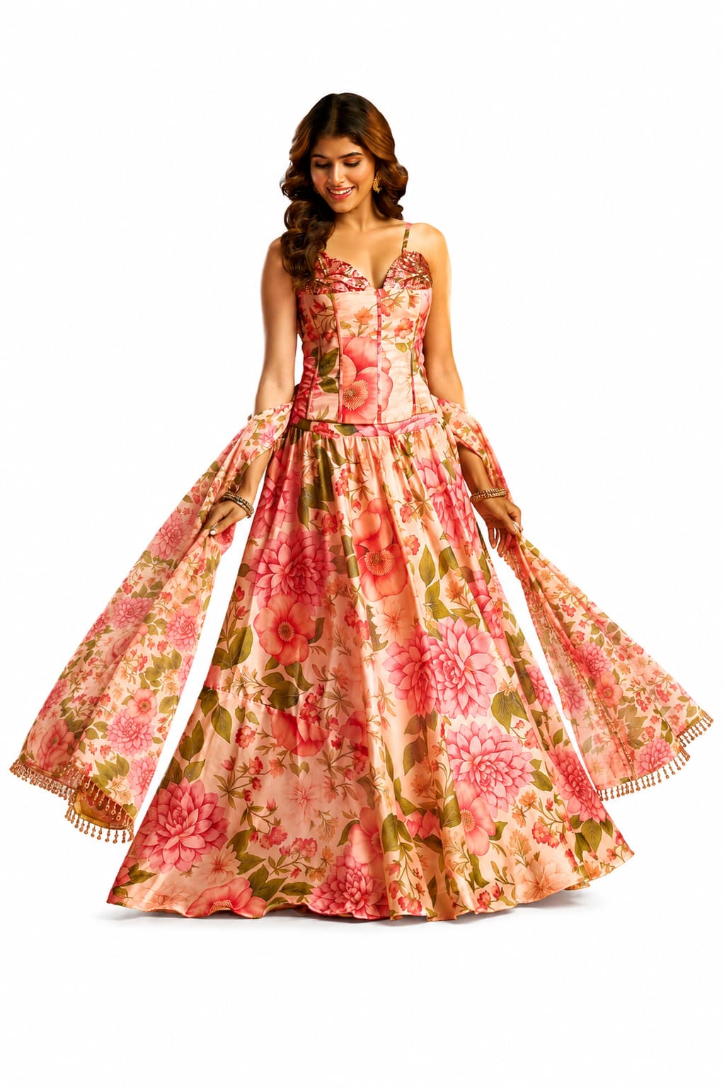 Peach Georgette Lehenga with Printed Hand Work - Image 1