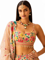 Peach Readymade Sequence Work, Thread Work, Embroidery Georgette Lehengas