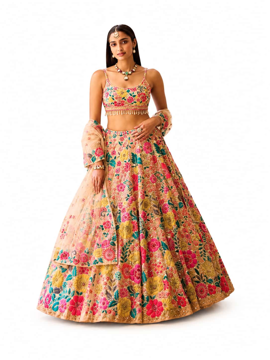 Peach Readymade Sequence Work, Thread Work, Embroidery Georgette Lehengas