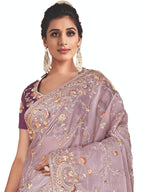 Mauve Satin Silk Floral Embroidery Saree