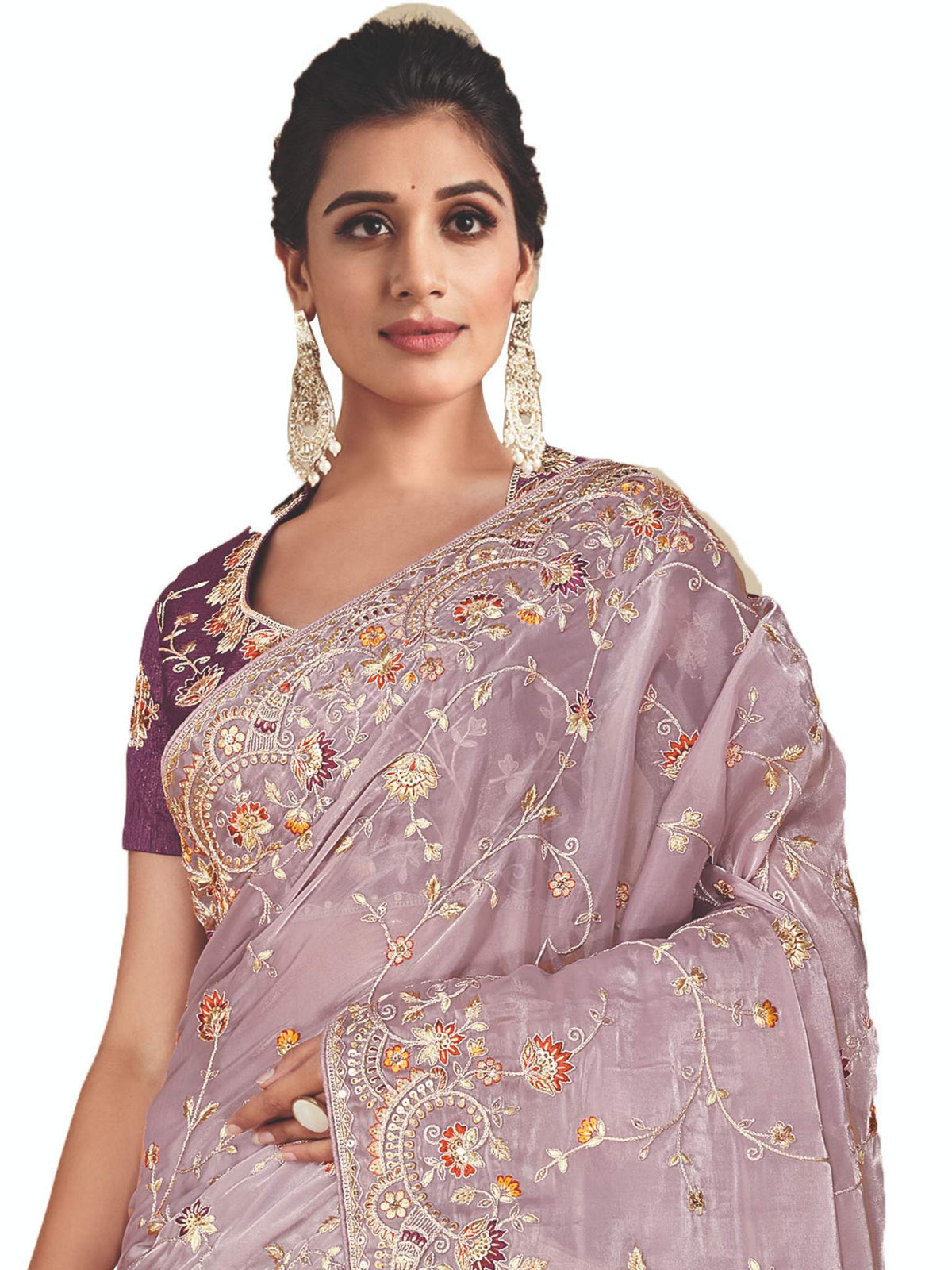 Mauve Satin Silk Floral Embroidery Saree
